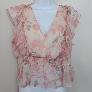 Guess Los Angeles Pink/Cream Smocket Floral Sheer Ruffles Top Sz L